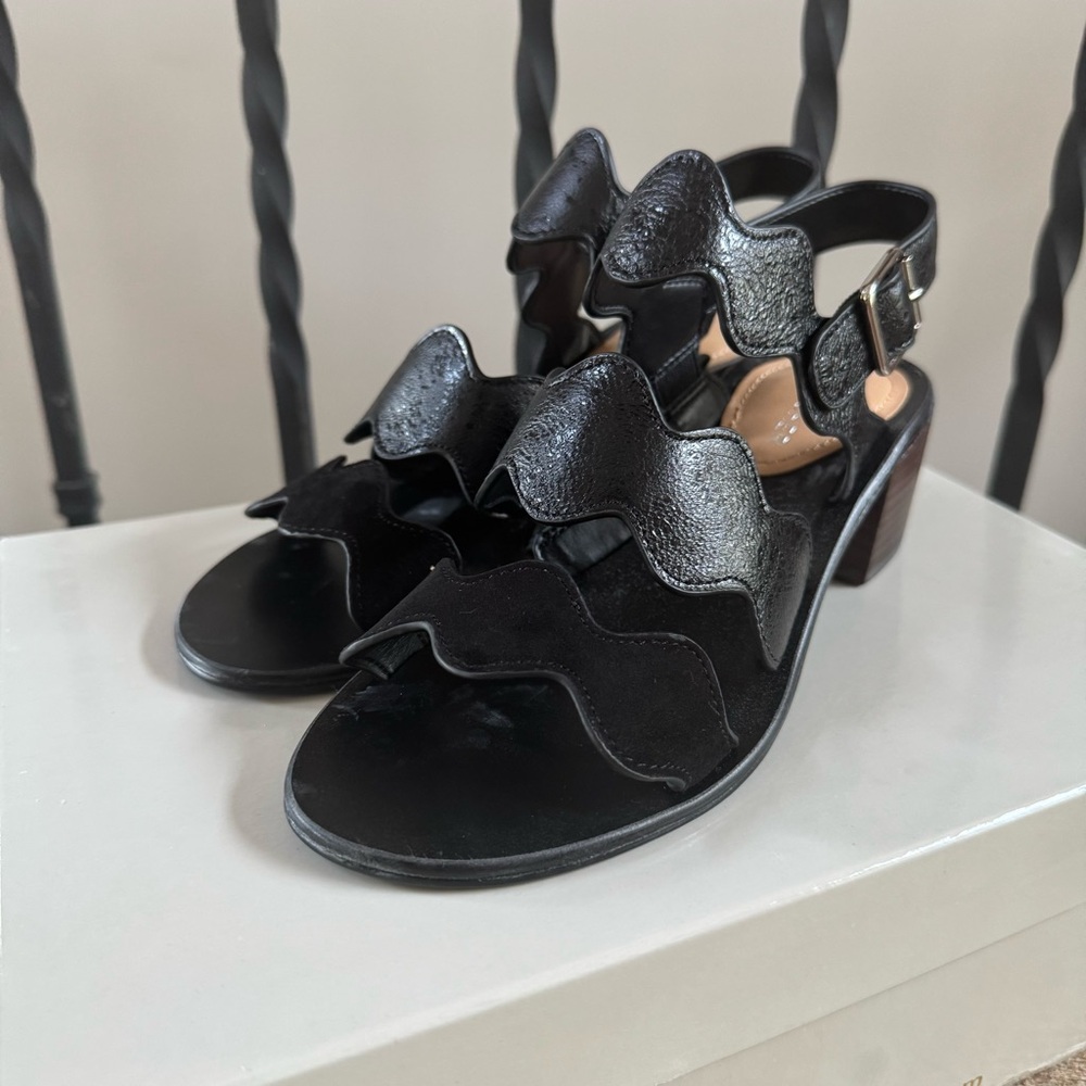 Marc Fisher Omalla Black Leather Sandals with Brown Block Heel